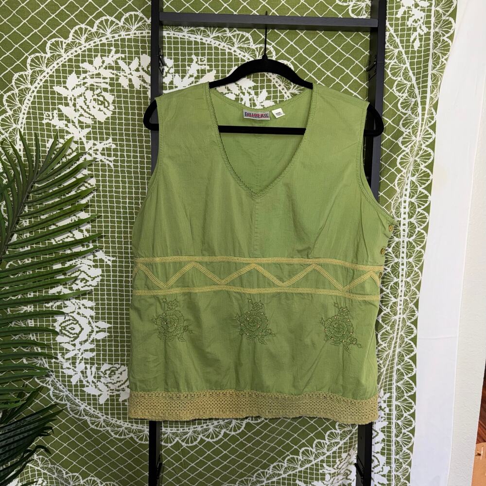 Vintage Bill Blass Women Jeans Green Embroidered Boho Sleeveless Top Size 18/20W